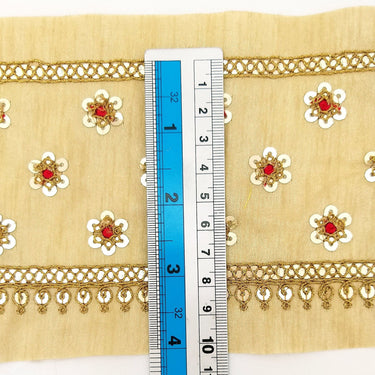 Beige Silk Trim In Red and Gold Sequins Floral Embroidery, Indian Sari Border Trim By Yard Decorative Trim Craft Lace